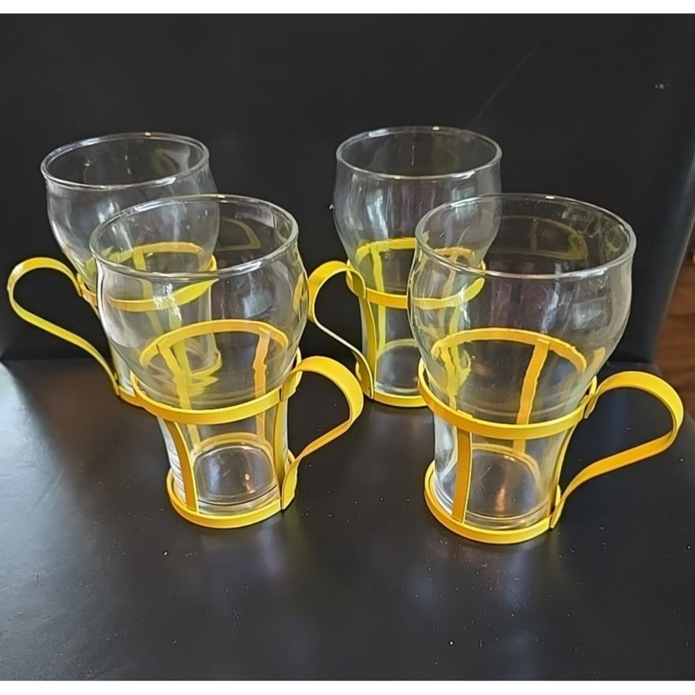 Vintage Soda Fountain Glasses Yellow Metal Cup Holders set of 4 Retro Fun Cheery